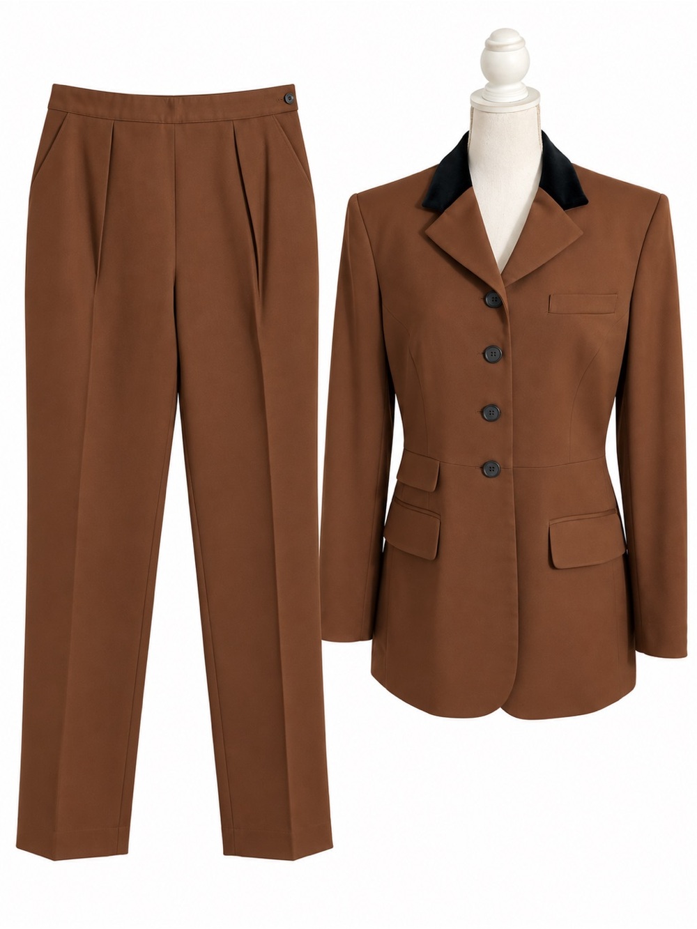 Lauren Ralph Lauren Size 12 Brown Wool Pantsuit Black Collar Made in USA - Picture 2 of 8